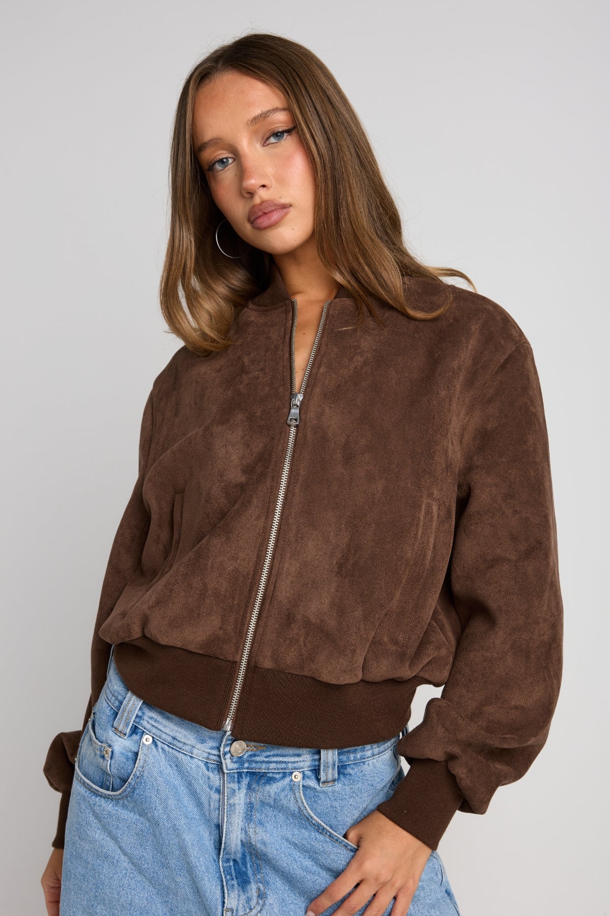 Cocoa Faux Suede Bomber – All For Mimi - Main Image