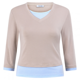 Latte/Blue Layered 3/4 Sleeve Top