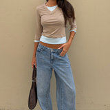 Latte/Blue Layered 3/4 Sleeve Top